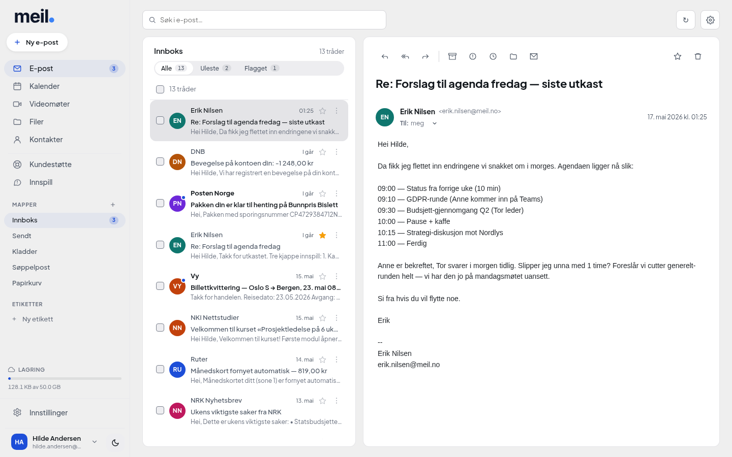 Forhåndsvisning av meil.no innboks