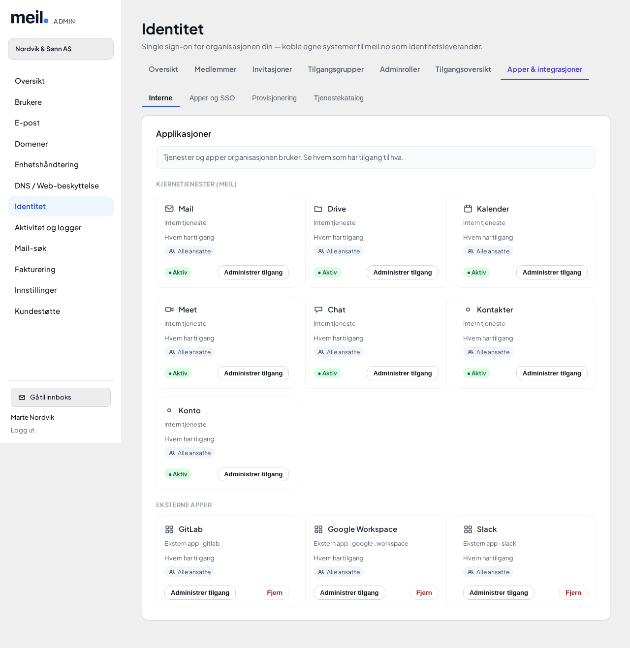 Identitet — Apper & SSO i admin